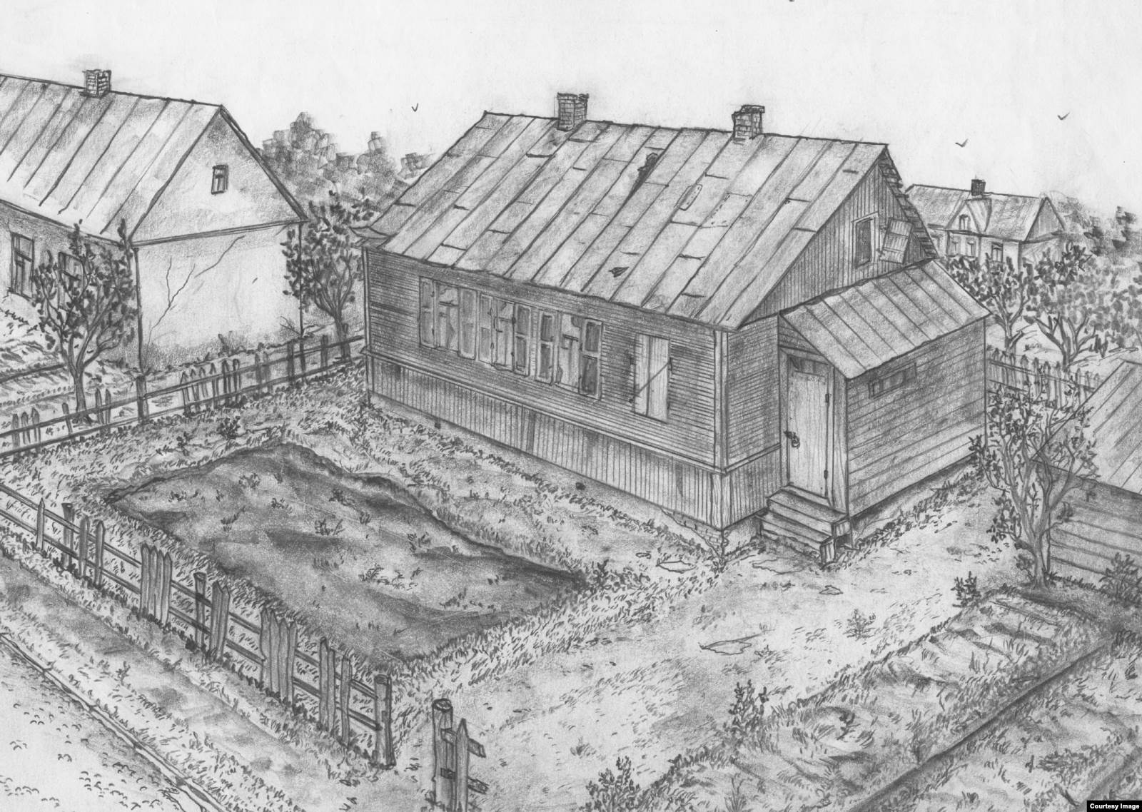 Улица Куйбышева на пересечении с Московской. Так осенью 1944 года выглядело захоронение расстрелянных узников гетто. Позднее останки перезахоронили на Тришинском кладбище, на месте могилы построили многоэтажный дом. Рисунок Владимира Губенко