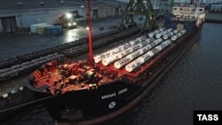 Сухогруз "Михаил Дудин" во время разгрузки в Петербурге. На его борту находятся несколько сотен тонн так называемых урановых "хвостов"