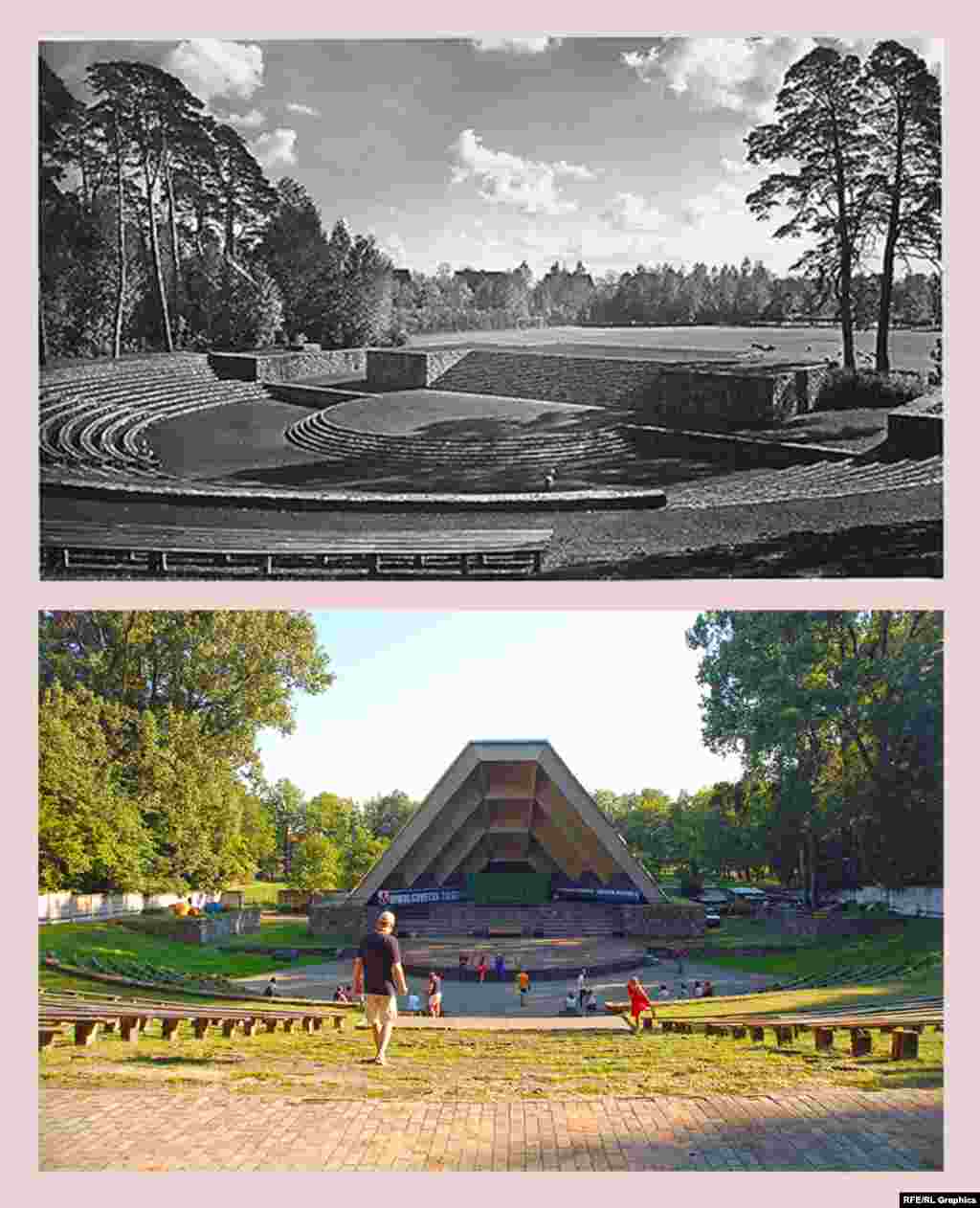 Советск (ранее – Тильзит), Зеленый театр (ранее – Тинг) Тинги – амфитеатры в форме подковы, предназначенные для собраний патриотической молодежи Третьего рейха. Нацистское министерство пропаганды планировало построить по всей стране 1200 тингов, на деле было возведено 40. Тильзитский тинг появился в 1935 году. Тинги находились на открытых площадках, визуально включавших в себя окрестные пейзажи. Сцена, возведенная в послевоенные годы, лишила тинг в Советске именно этой черты. Зато современный лозунг справа, гласящий «Сильная Россия – Единая Россия», как раз очень точно соответствует изначальному духу места.  