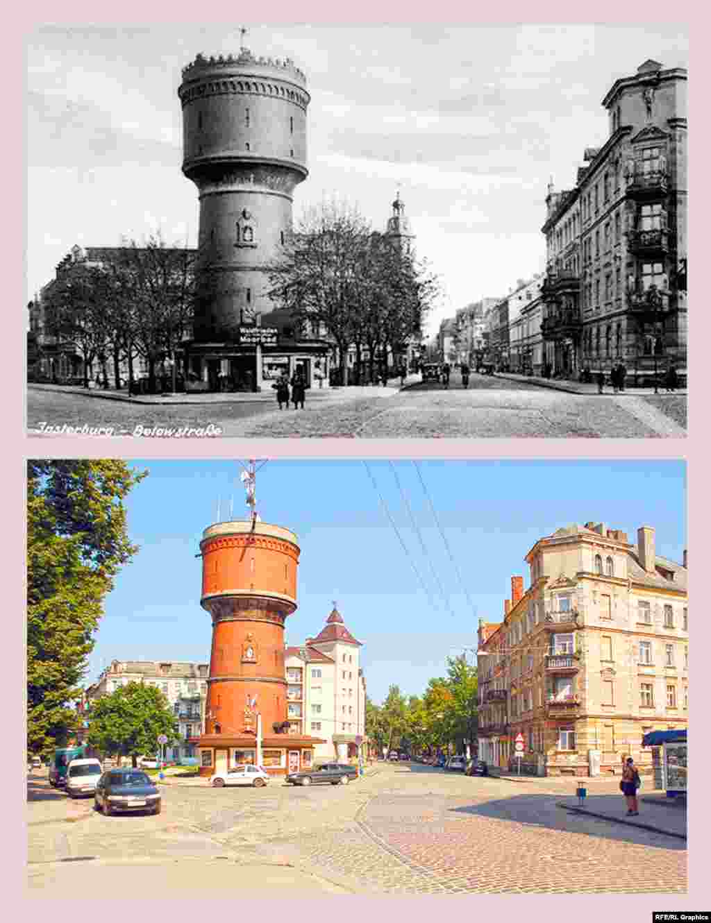 Черняховск (ранее – Инстербург), угол улиц Спортивной и Гагарина (ранее – Беловштрассе и Казерненштрассе) Водонапорная башня была построена в 1898 году с применением передовой конструкции водного резервуара по системе Отто Интце. Башня была важной составляющей общего городского водопровода, первоначально в верхней части имела зубцы. Во время русской оккупации Инстербурга в августе-сентябре 1914 года русские инженеры пытались запустить башню для подачи воды, в результате чего 28 августа 1914 года произошел взрыв. После ремонта городская водопроводная система была восстановлена. По прямому назначению башня не используется с конца 1930-х годов, сейчас внутри располагается городская телерадиокомпания. Круглый павильон у башни – постройка двадцатых годов XX века. До Второй мировой войны в ней располагался цветочный магазин.  